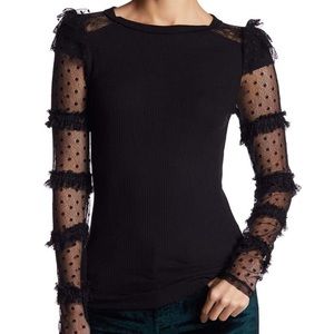 KISSKISS RIBBED BLOUSE W RUFFLE LACEMESH LNG SLVS